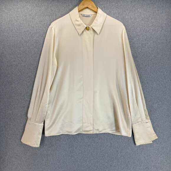 St. John Ivory Silk Button-Up Blouse Size 14 Long Sleeves Gold Buttons FLAWED - Picture 1 of 16